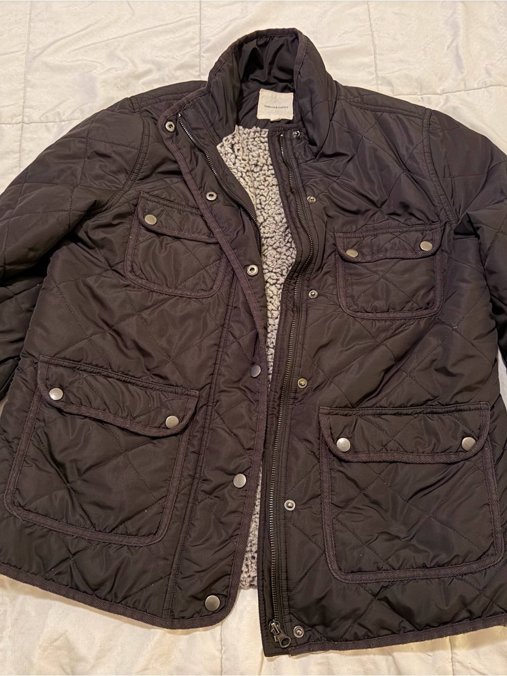 Thread & Supply Quilted Black Field Jacket with Sherpa Interior